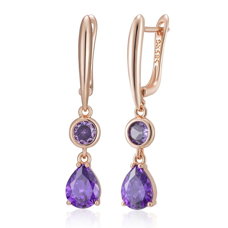 Tasteful Purple Zircon Long Dangle Earrings in Vintage Rose Gold Plating