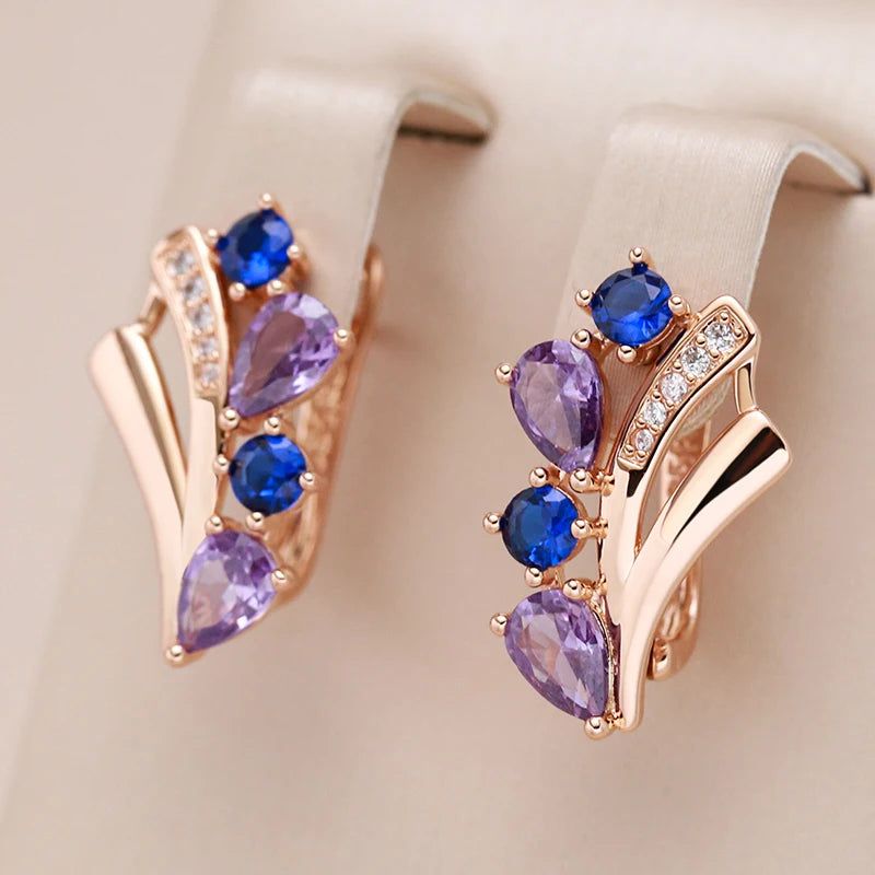 Tasteful Purple and Blue Natural Zircon Drop Earrings in 585 Rose Gold Finish