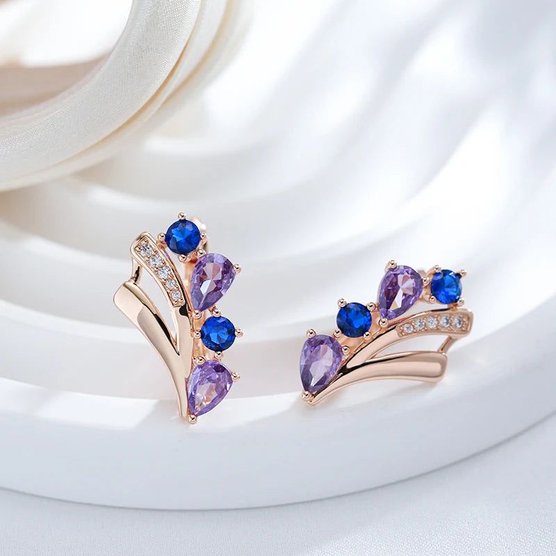 Tasteful Purple and Blue Natural Zircon Drop Earrings in 585 Rose Gold Finish