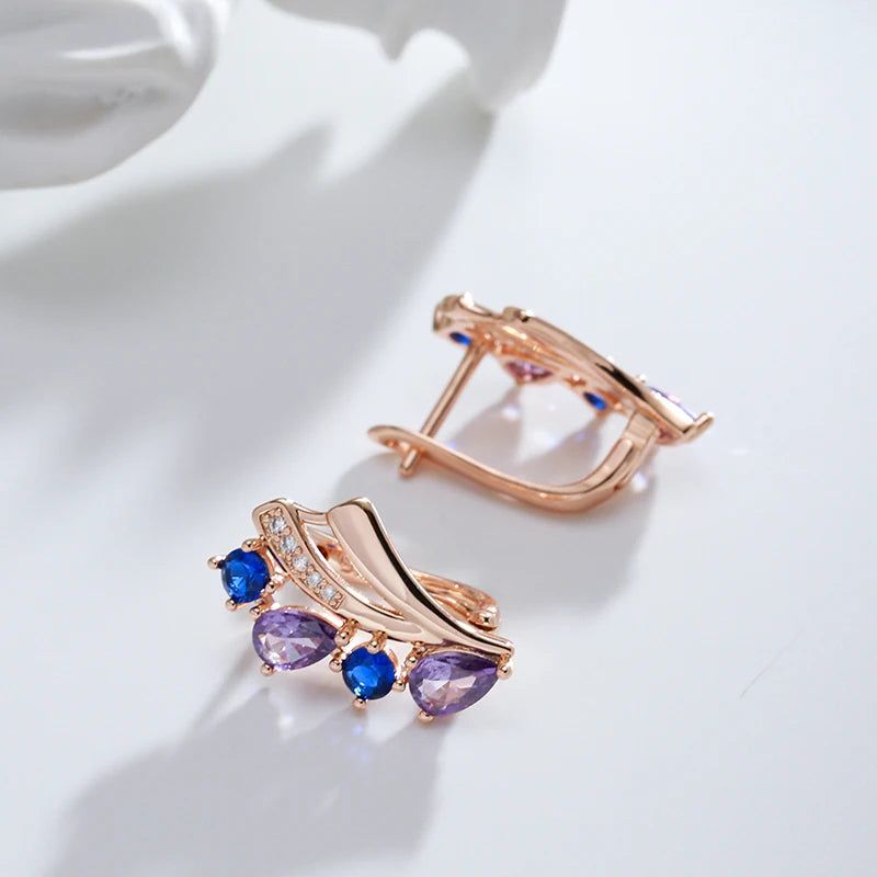 Tasteful Purple and Blue Natural Zircon Drop Earrings in 585 Rose Gold Finish