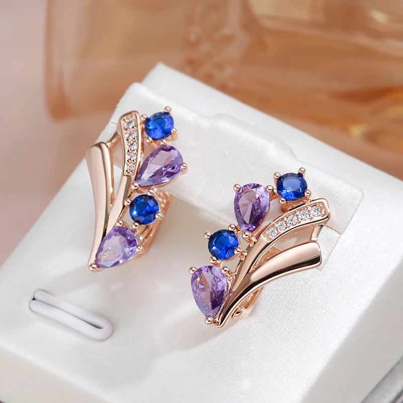 Tasteful Purple and Blue Natural Zircon Drop Earrings in 585 Rose Gold Finish