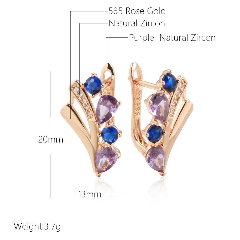 Tasteful Purple and Blue Natural Zircon Drop Earrings in 585 Rose Gold Finish