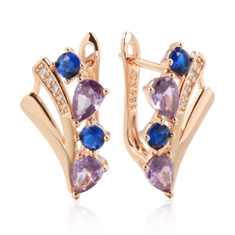 Tasteful Purple and Blue Natural Zircon Drop Earrings in 585 Rose Gold Finish