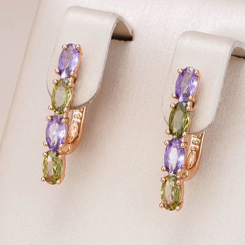 Tasteful Purple and Green Zircon Dangle Earrings in 585 Rose Gold - Vintage Luxury Design