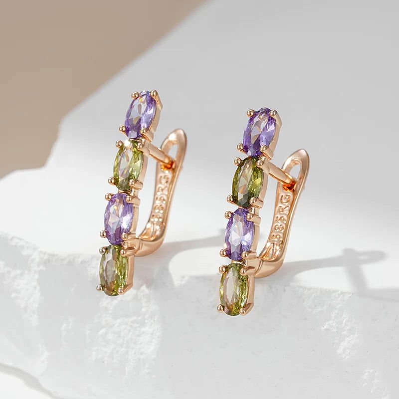 Tasteful Purple and Green Zircon Dangle Earrings in 585 Rose Gold - Vintage Luxury Design