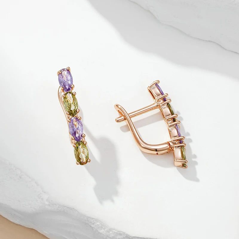 Tasteful Purple and Green Zircon Dangle Earrings in 585 Rose Gold - Vintage Luxury Design