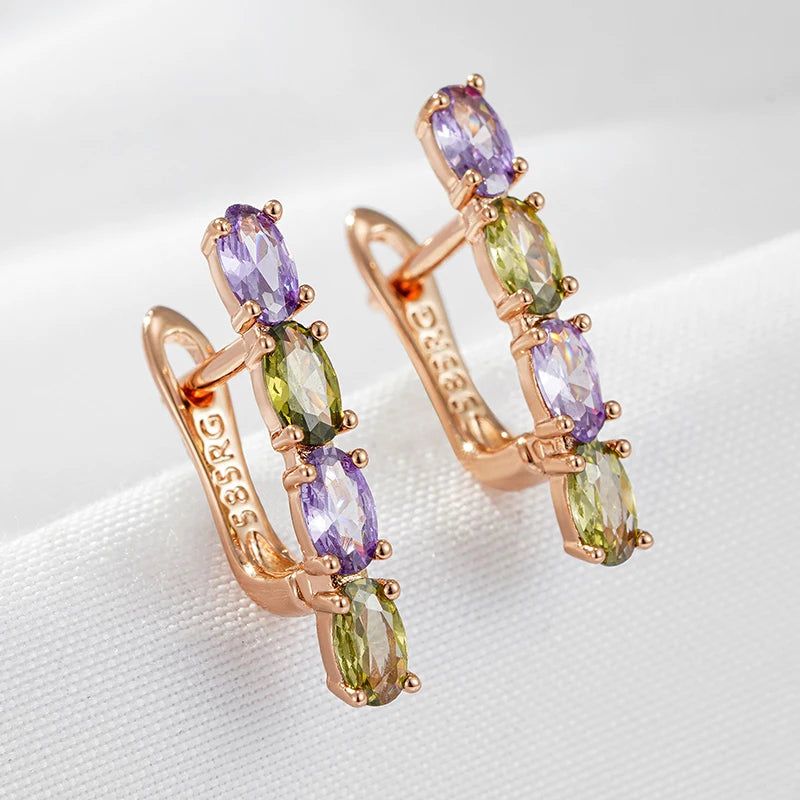 Tasteful Purple and Green Zircon Dangle Earrings in 585 Rose Gold - Vintage Luxury Design