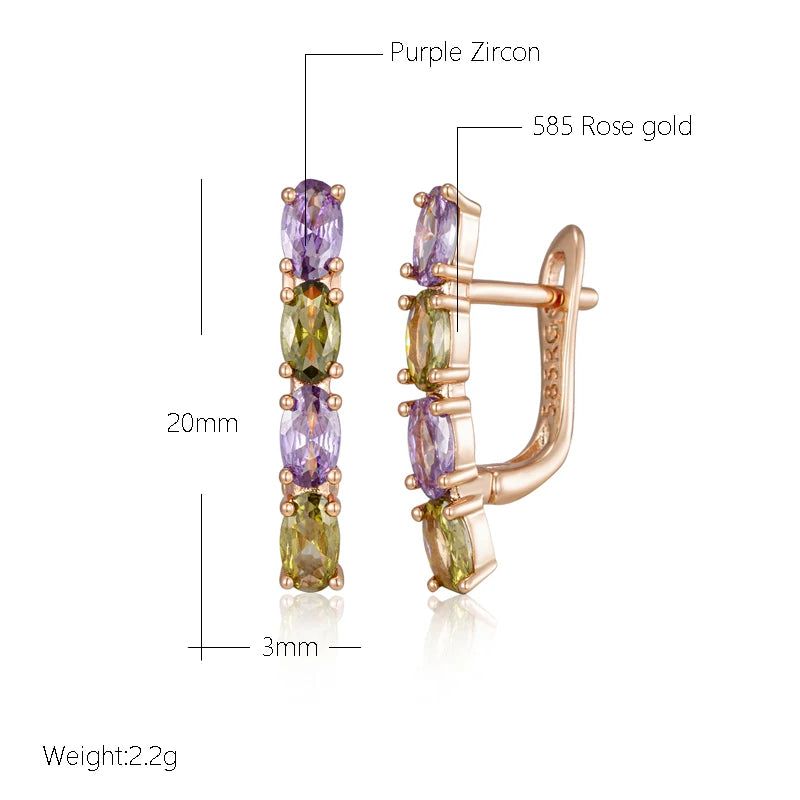 Tasteful Purple and Green Zircon Dangle Earrings in 585 Rose Gold - Vintage Luxury Design