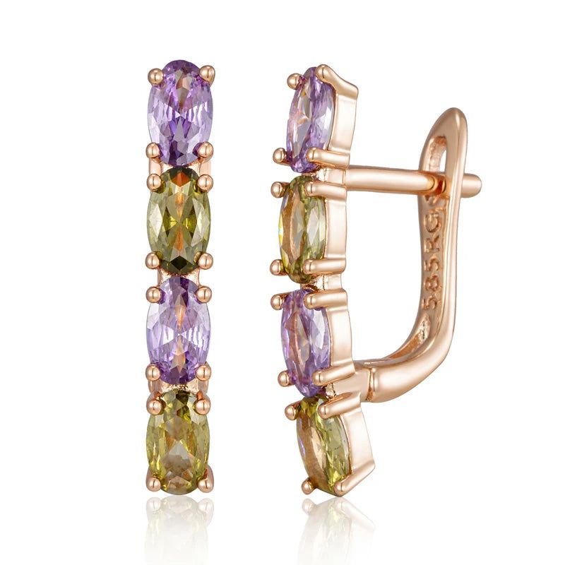 Tasteful Purple and Green Zircon Dangle Earrings in 585 Rose Gold - Vintage Luxury Design