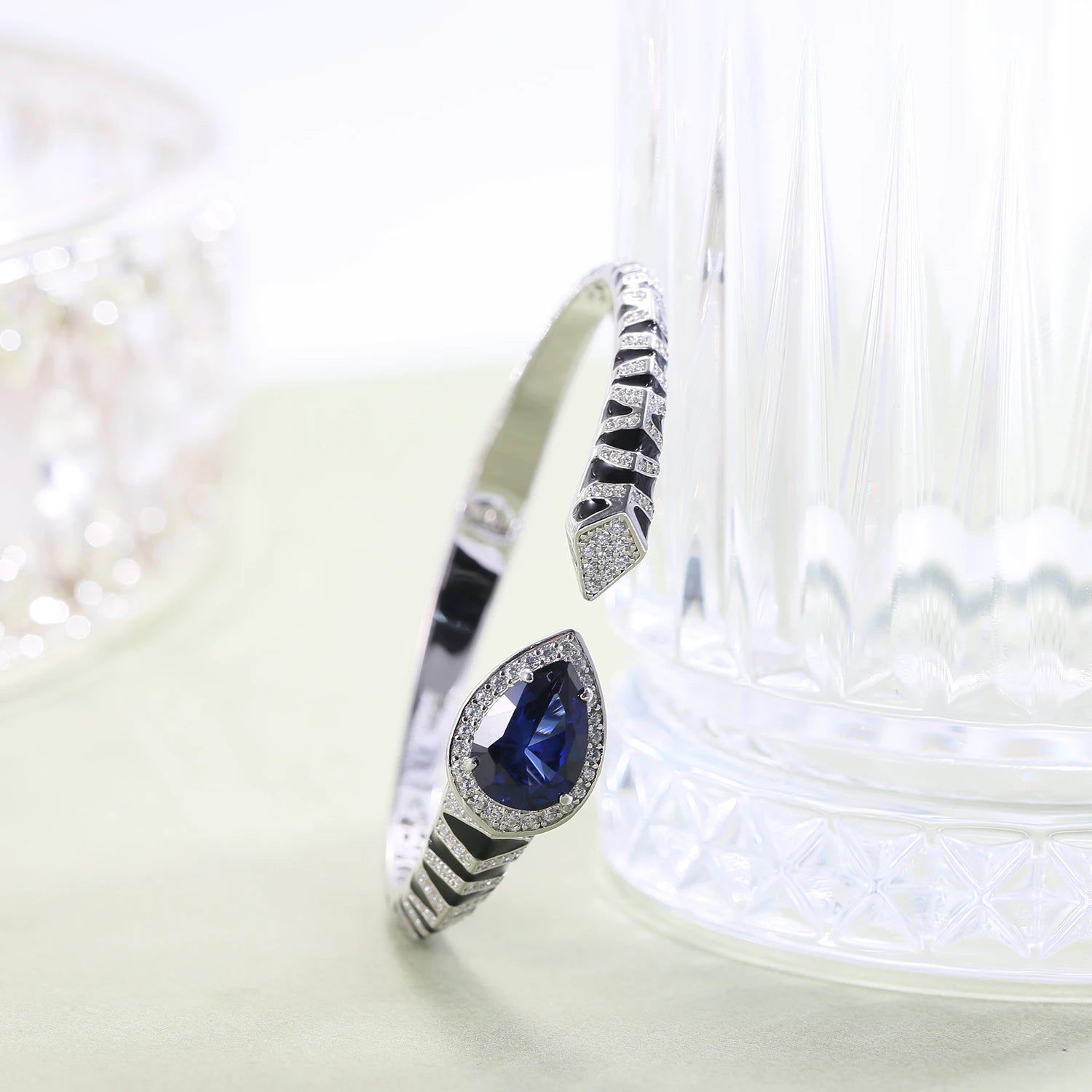 Tiger Element Bracelets Pear Shape 10x14mm Lab Blue Sapphire Cuff Bracelets in 925 Sterling Silver For Her