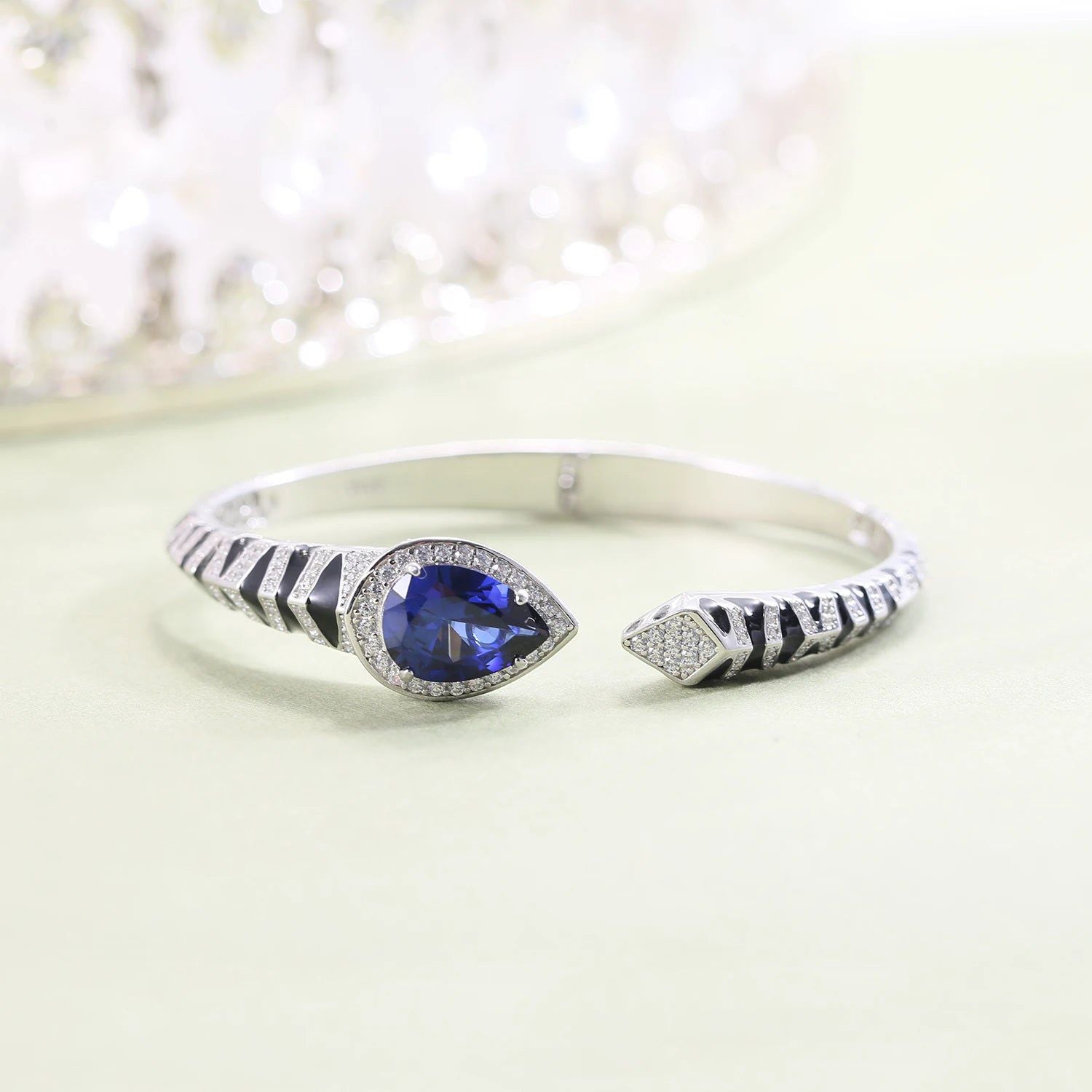 Tiger Element Bracelets Pear Shape 10x14mm Lab Blue Sapphire Cuff Bracelets in 925 Sterling Silver For Her