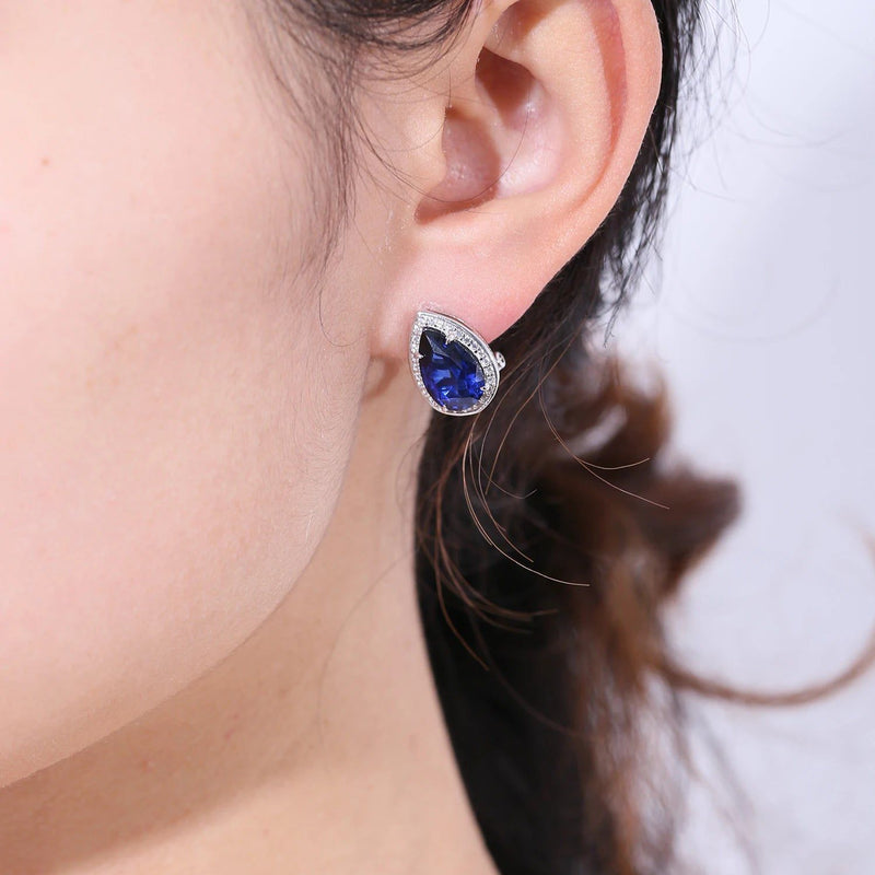 Tiger Element Earrings Pear Shape Lab Blue Sapphire Studs