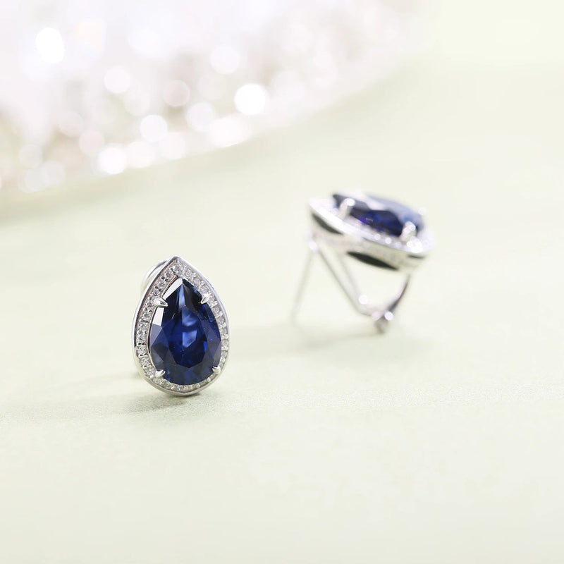 Tiger Element Earrings Pear Shape Lab Blue Sapphire Studs