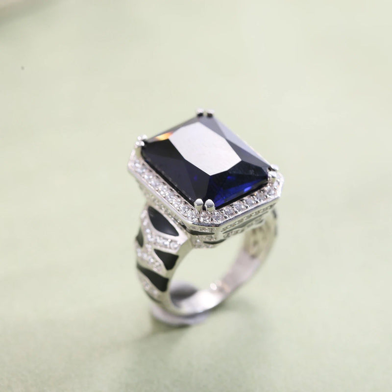 Tiger Element Ring OCT 12x16mm lab Blue Sapphire Statement Ring in 925 Sterling Silver For Her Fine Jewelry