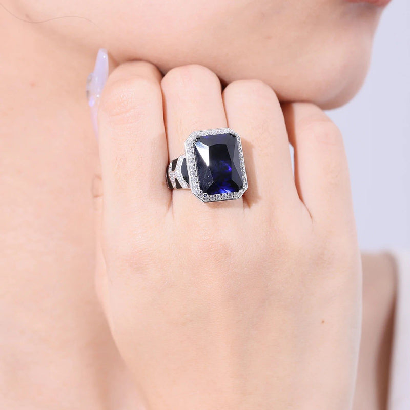 Tiger Element Ring OCT 12x16mm lab Blue Sapphire Statement Ring in 925 Sterling Silver For Her Fine Jewelry