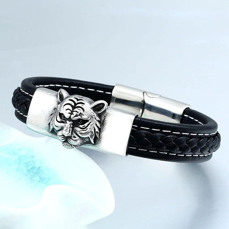 Tiger Head Punk Rock Bracelet for Men - 316L Stainless Steel & Leather Biker Jewelry Gift