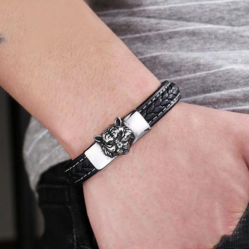 Tiger Head Punk Rock Bracelet for Men - 316L Stainless Steel & Leather Biker Jewelry Gift