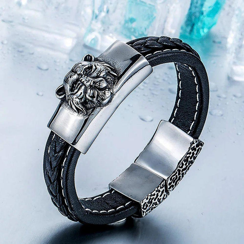 Tiger Head Punk Rock Bracelet for Men - 316L Stainless Steel & Leather Biker Jewelry Gift