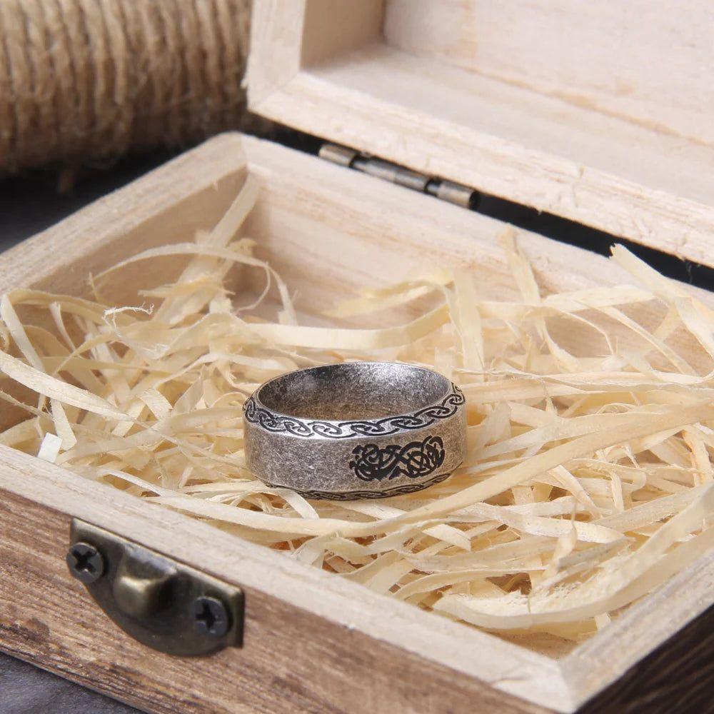 Timeless Viking Rune Stainless Steel Cocktail Ring - Stylish Amulet Jewelry Gift in Wooden Box