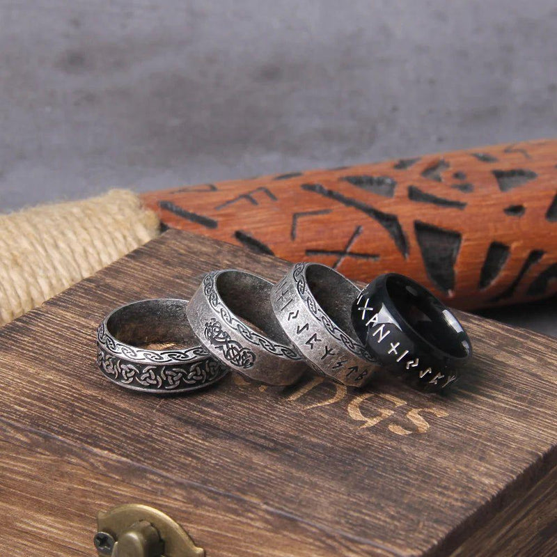 Timeless Viking Rune Stainless Steel Cocktail Ring - Stylish Amulet Jewelry Gift in Wooden Box