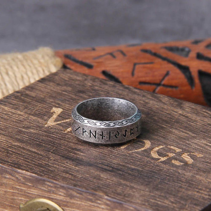 Timeless Viking Rune Stainless Steel Cocktail Ring - Stylish Amulet Jewelry Gift in Wooden Box