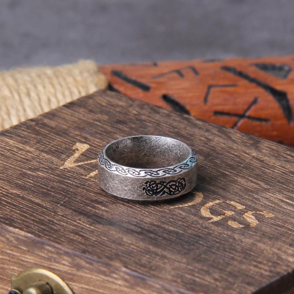 Timeless Viking Rune Stainless Steel Cocktail Ring - Stylish Amulet Jewelry Gift in Wooden Box