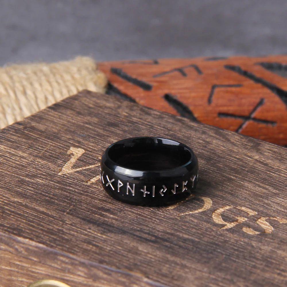 Timeless Viking Rune Stainless Steel Cocktail Ring - Stylish Amulet Jewelry Gift in Wooden Box