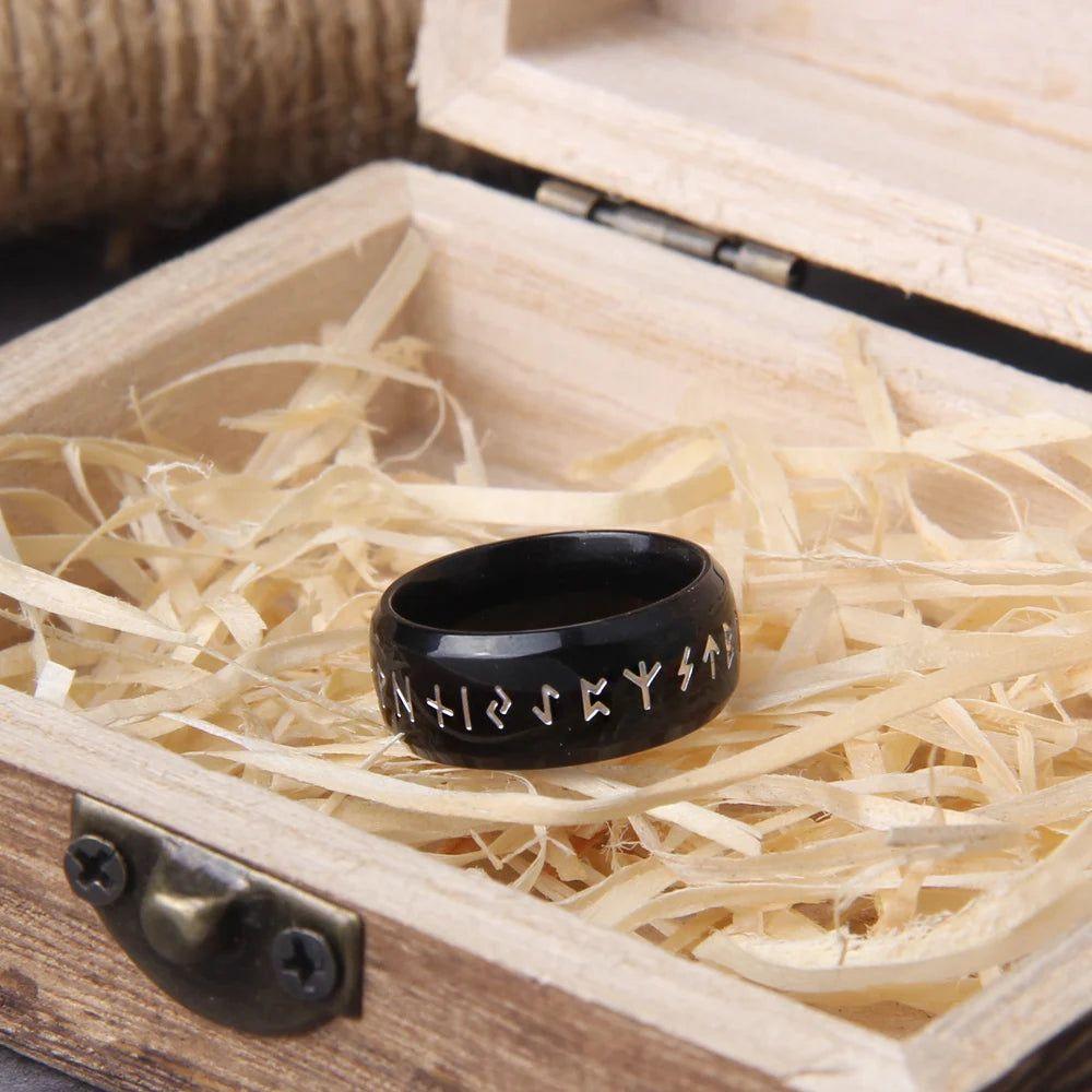 Timeless Viking Rune Stainless Steel Cocktail Ring - Stylish Amulet Jewelry Gift in Wooden Box