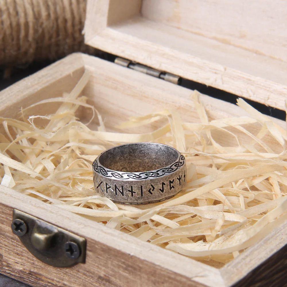 Timeless Viking Rune Stainless Steel Cocktail Ring - Stylish Amulet Jewelry Gift in Wooden Box