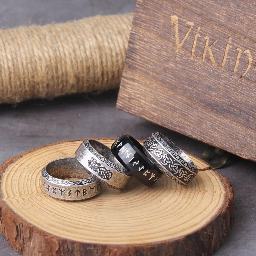 Timeless Viking Rune Stainless Steel Cocktail Ring - Stylish Amulet Jewelry Gift in Wooden Box