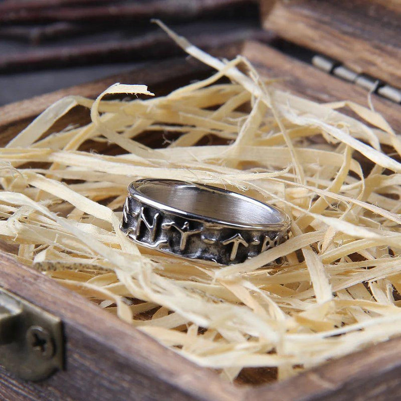 Timeless Viking Rune Stainless Steel Ring - Unisex Fashion Jewelry with Wooden Gift Box