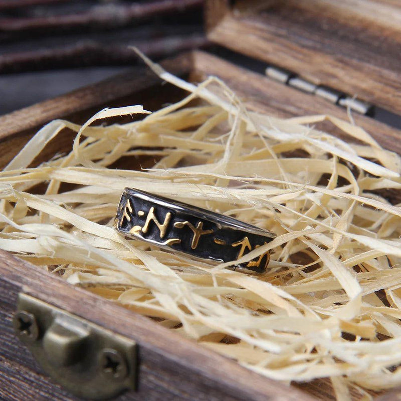 Timeless Viking Rune Stainless Steel Ring - Unisex Fashion Jewelry with Wooden Gift Box