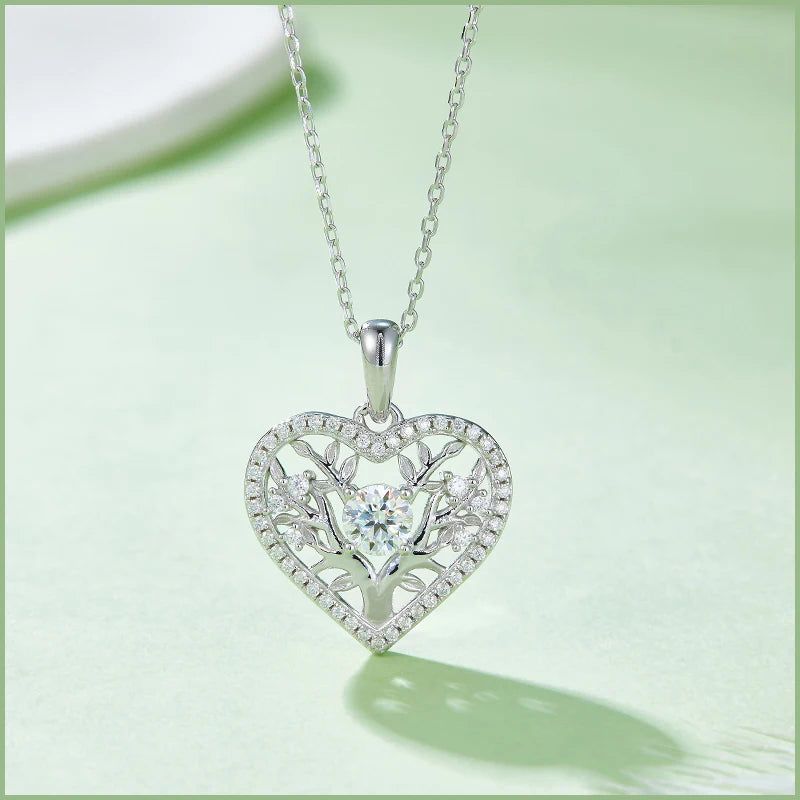 Tree Of Life Moissanite Heart Necklace Family Tree Pendant Necklace in 925 Sterling Silver For Her