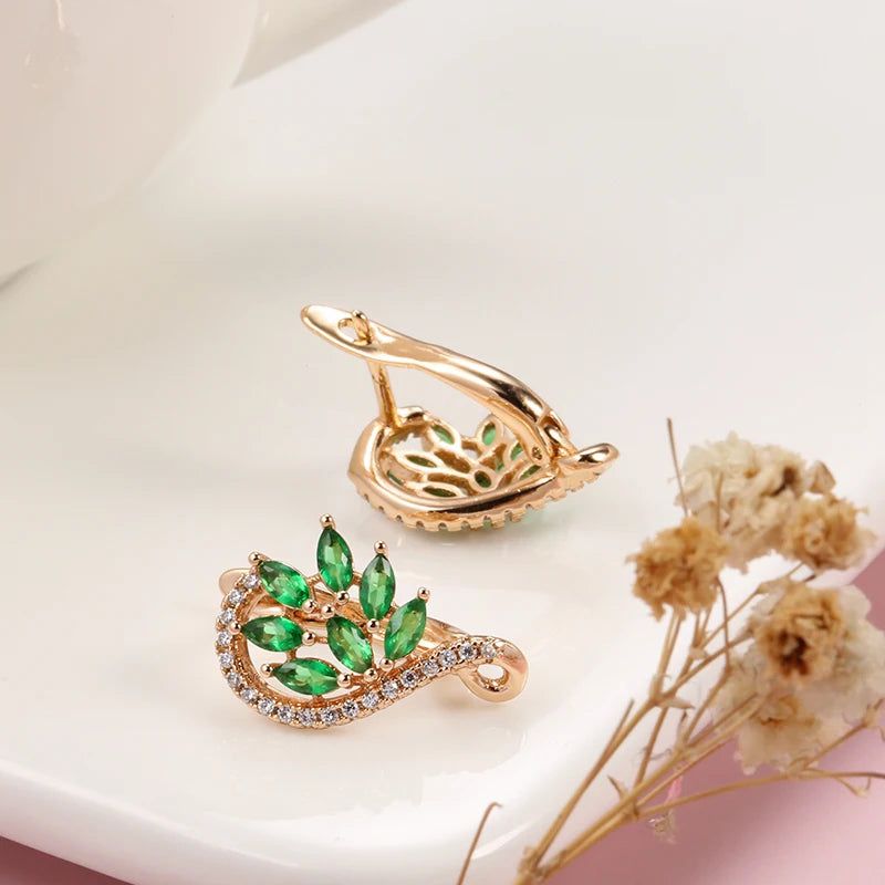 Trendy 585 Rose Gold Earrings with Shiny Green Natural Zircon for Fashion-forward Jewelry Lovers 2024