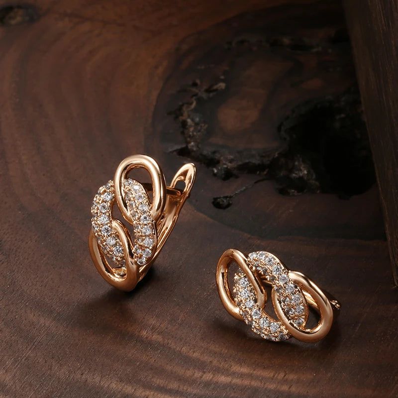 Trendy 585 Rose Gold Geometric Dangle Earrings with Natural Zircon