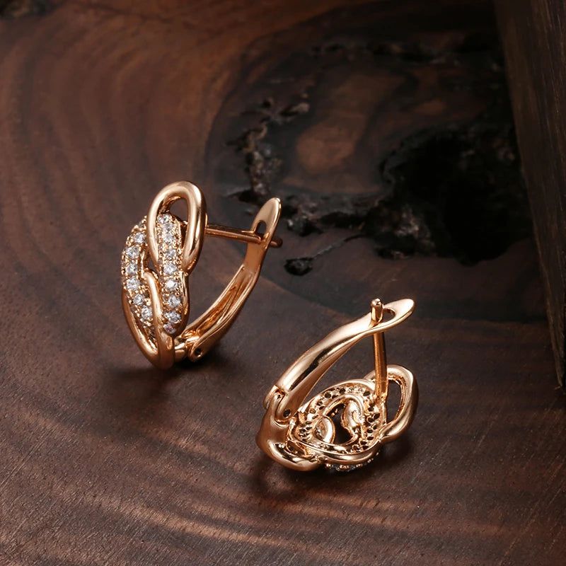 Trendy 585 Rose Gold Geometric Dangle Earrings with Natural Zircon