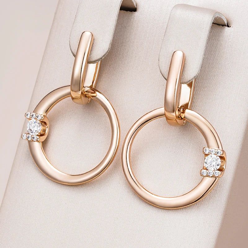 Trendy 585 Rose Gold Hollow Round Drop Earrings with Shiny Natural Zircon