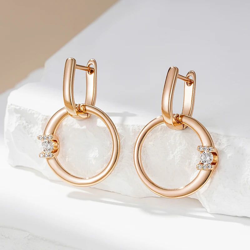 Trendy 585 Rose Gold Hollow Round Drop Earrings with Shiny Natural Zircon