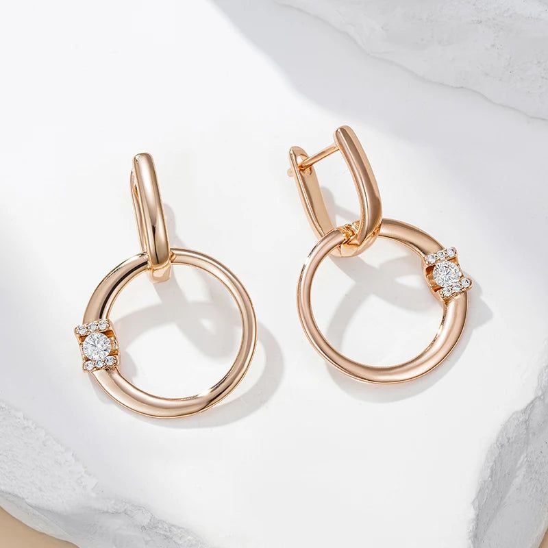 Trendy 585 Rose Gold Hollow Round Drop Earrings with Shiny Natural Zircon