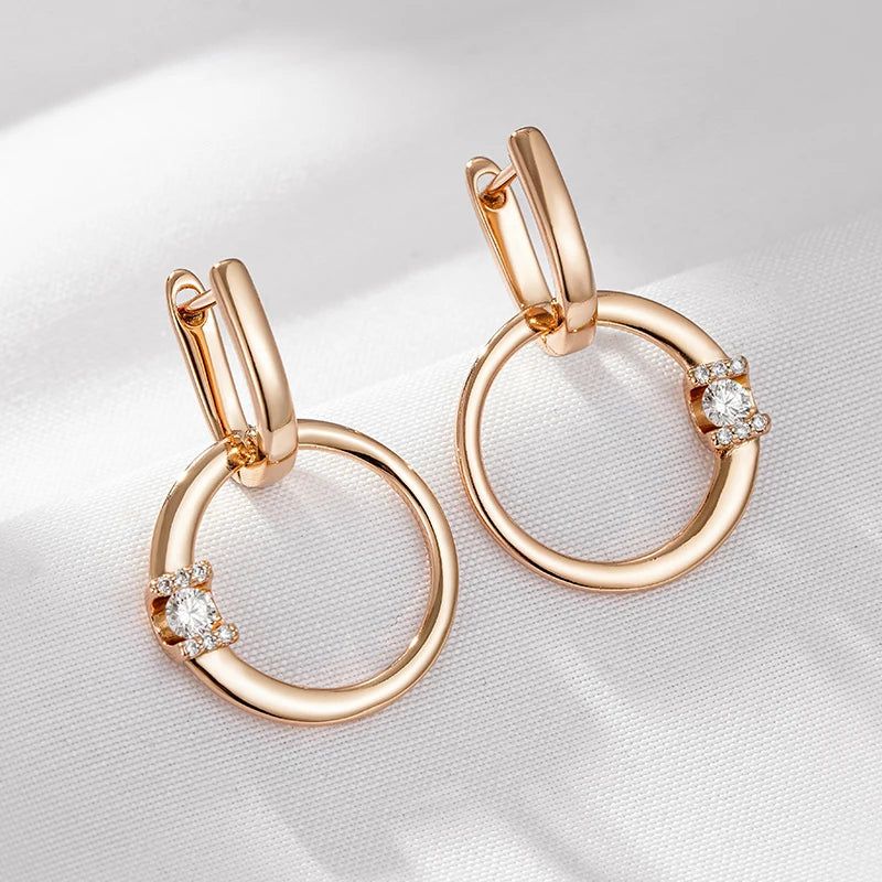 Trendy 585 Rose Gold Hollow Round Drop Earrings with Shiny Natural Zircon