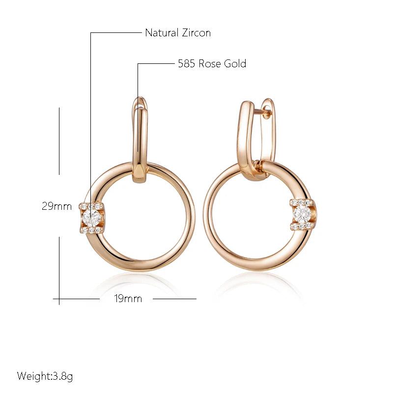 Trendy 585 Rose Gold Hollow Round Drop Earrings with Shiny Natural Zircon