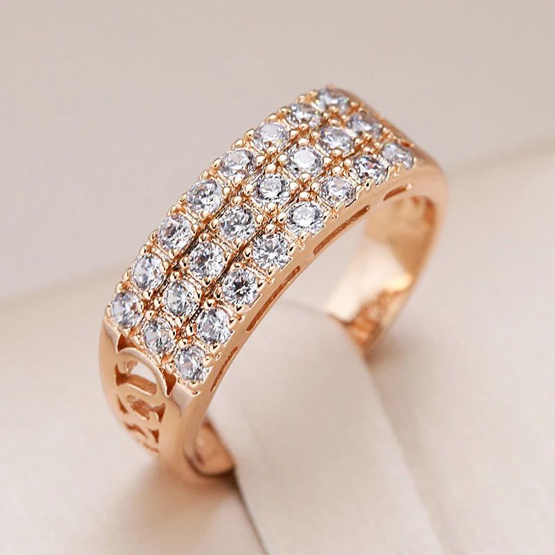 Trendy 585 Rose Gold Three-Row Ring with Natural Zircon and Micro-Wax Inlay