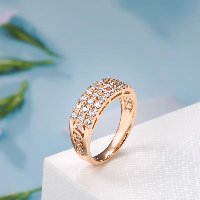 Trendy 585 Rose Gold Three-Row Ring with Natural Zircon and Micro-Wax Inlay