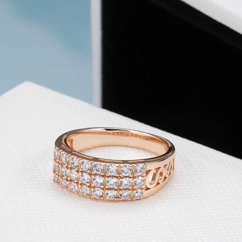 Trendy 585 Rose Gold Three-Row Ring with Natural Zircon and Micro-Wax Inlay