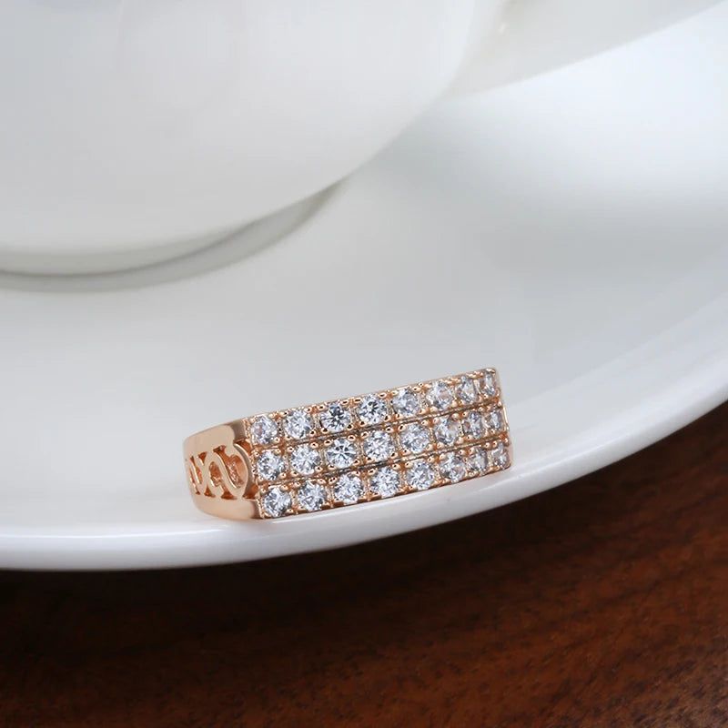 Trendy 585 Rose Gold Three-Row Ring with Natural Zircon and Micro-Wax Inlay