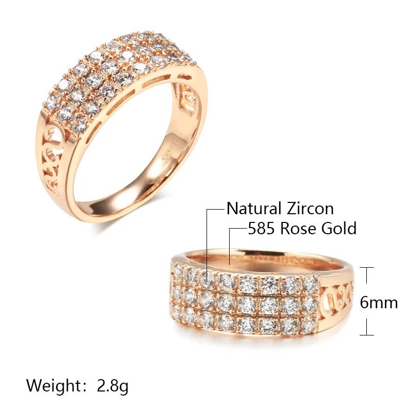 Trendy 585 Rose Gold Three-Row Ring with Natural Zircon and Micro-Wax Inlay