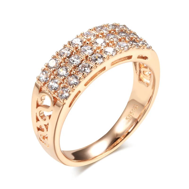 Trendy 585 Rose Gold Three-Row Ring with Natural Zircon and Micro-Wax Inlay