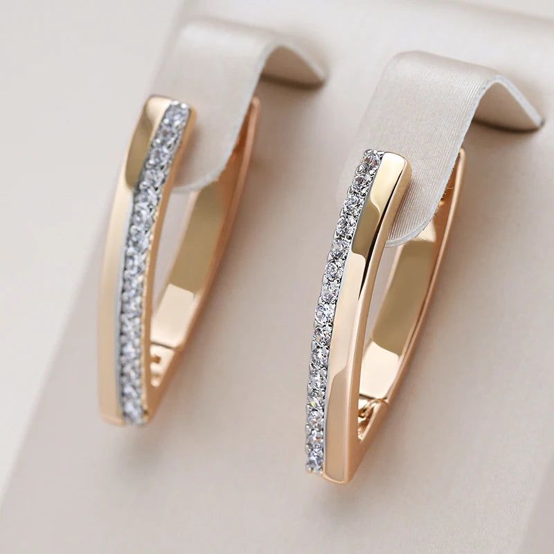 Trendy 585 Rose Gold and Silver V Hoop Earrings with Vintage Natural Zircon