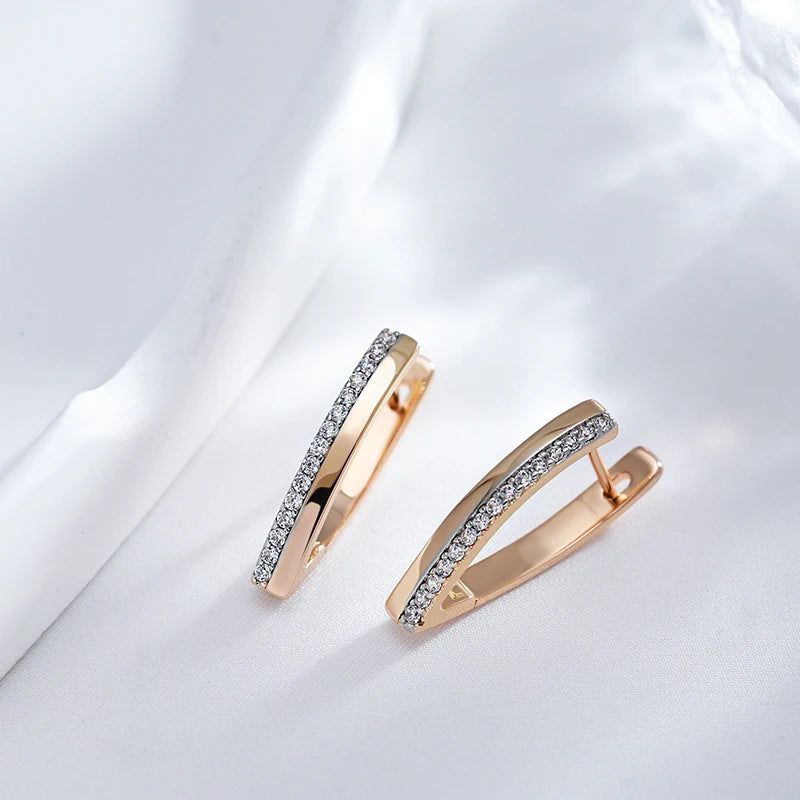 Trendy 585 Rose Gold and Silver V Hoop Earrings with Vintage Natural Zircon