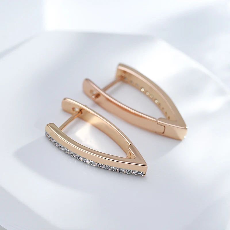 Trendy 585 Rose Gold and Silver V Hoop Earrings with Vintage Natural Zircon